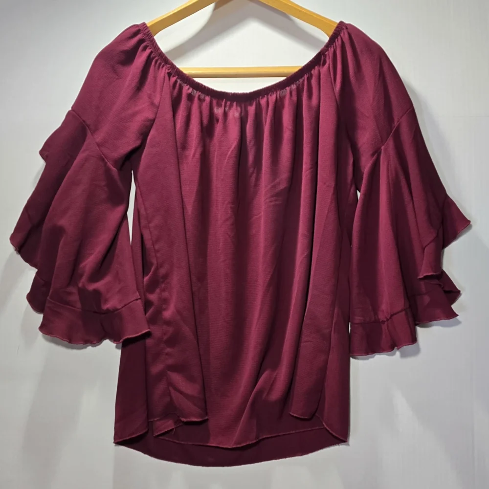 Vince Burgandy 3/4 Sleeve Tiered Bubble size Large BOHO chic Whimsical Flowing - Picture 2 of 7